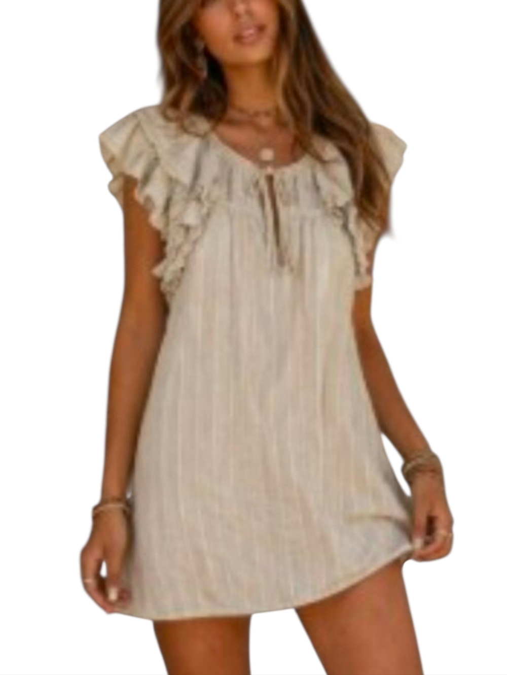 Grade & Gather Women's Mini Dress Size Medium Beige Striped Ruffles Lagenlook - Picture 14 of 14
